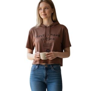 Q U.S.A BROWN HOODED CROP TOP SZ.S/M EUC.